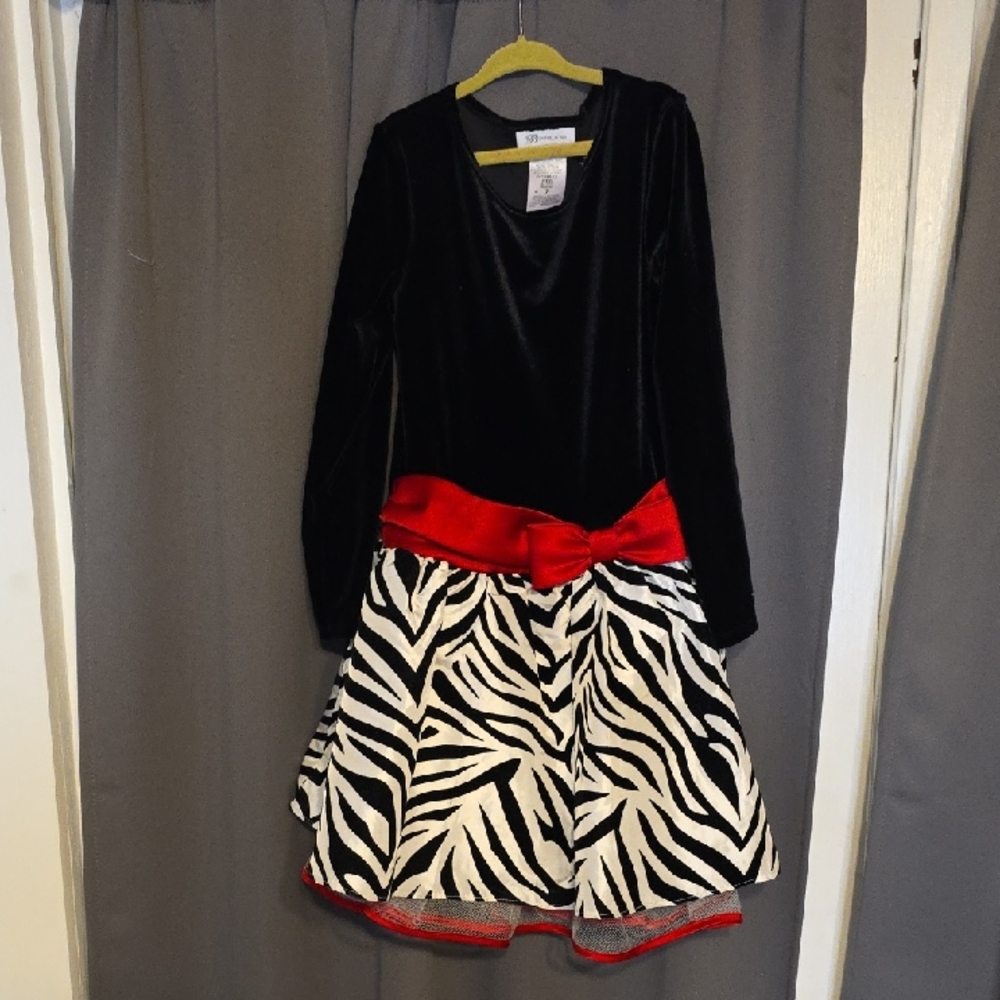 Bonnie Jean Girls Dress Black Velvety Zebra Print Red Accents Crinoline Sz 7 EUC